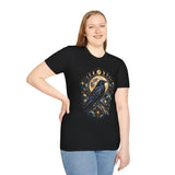 Mystical Raven and Crescent Moon T-Shirt | Celestial Gothic Artwork