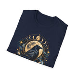 Mystical Raven and Crescent Moon T-Shirt | Celestial Gothic Artwork