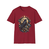 Mystical Raven and Crescent Moon T-Shirt | Celestial Gothic Artwork